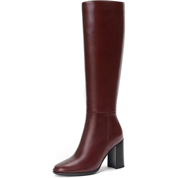 Women's Burgundy Knee High Round Toe Chunky Heel Side Zipper Fashion Tall Boots